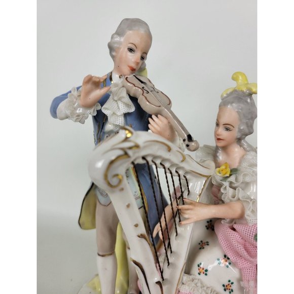 Vintage Dresden Potschappel Porcelain Figurine Lady Man Playing Harp Violin Lace - Picture 2 of 10
